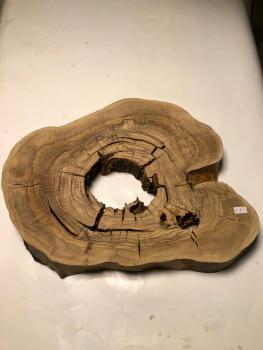 Urige Olivenbaum-Scheibe mit zentralem Loch, ideal zum Füllen mit Epoxidharz und bereit für kreative Projekte.