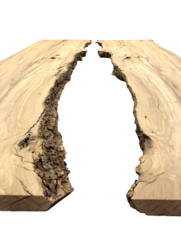 Fertiges Rivertable Set aus zwei charaktervollen Olivenholz Brettern, ideal für kreative Tischprojekte