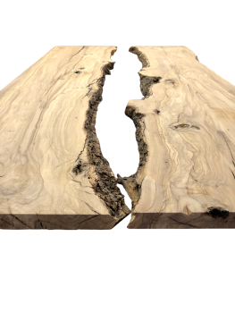 Fertiges Rivertable Set aus zwei charaktervollen Olivenholz Brettern, ideal für kreative Tischprojekte