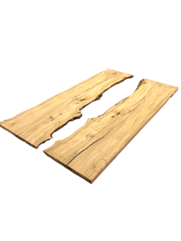 Fertiges Rivertable Set aus zwei charaktervollen Olivenholz Brettern, ideal für kreative Tischprojekte