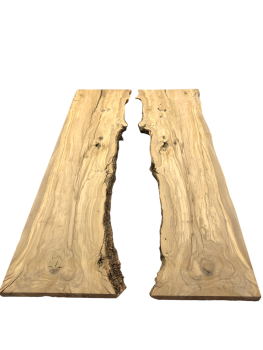 Fertiges Rivertable Set aus zwei charaktervollen Olivenholz Brettern, ideal für kreative Tischprojekte