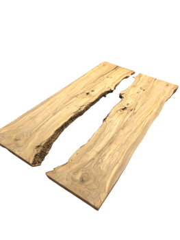 Fertiges Rivertable Set aus zwei charaktervollen Olivenholz Brettern, ideal für kreative Tischprojekte