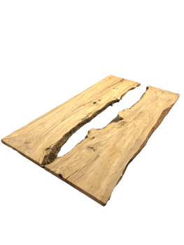 Fertiges Rivertable Set aus zwei charaktervollen Olivenholz Brettern, ideal für kreative Tischprojekte
