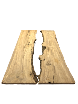 Fertiges Rivertable Set aus zwei charaktervollen Olivenholz Brettern, ideal für kreative Tischprojekte