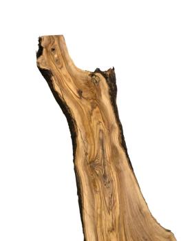 Charaktervolle, dicke Olivenholz Bohle mit wilder Maserung – ideal für kreative Projekte und individuelle Holzarbeiten.