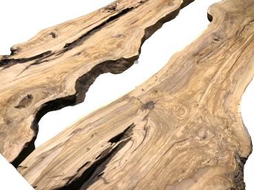 Rivertable Set aus zwei charaktervollen Olivenholzbrettern, perfekt für kreative Projekte und individuelle Gestaltung.