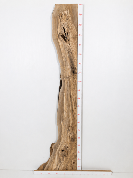 Preview: Olivenhoz Thekenplatte für EPOXIDHARZ 199,7 x 18,5–54,5 x 2,9 cm – Trockenes Olivenholz Rohware Halber River - B556