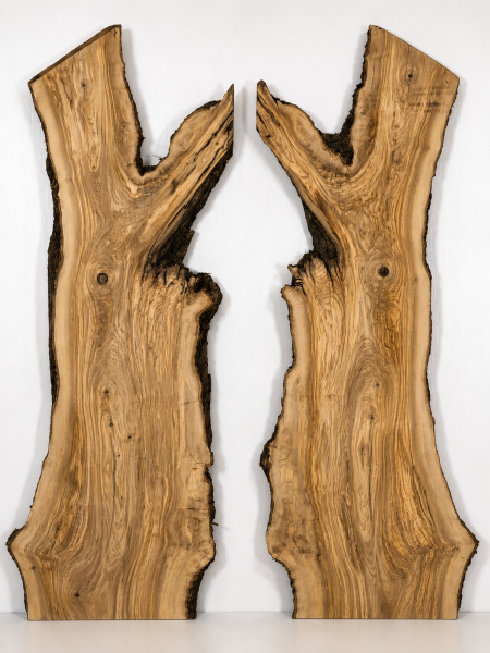 Preview: Olivenholzbohlen 2er Set 203 x 29–60 x 4,3 cm – Trockenes Olivenholz Rohware XXL Tischplatten - B607