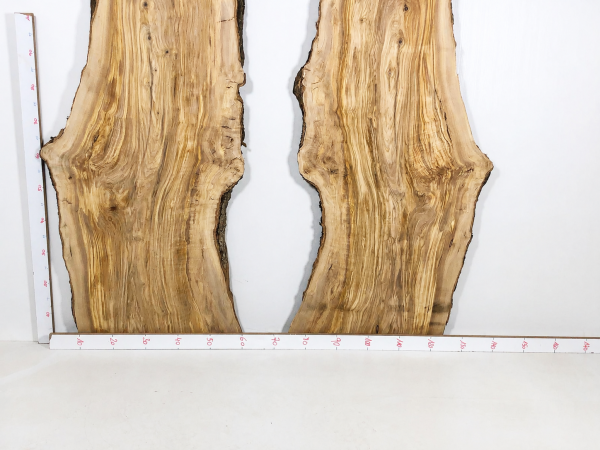 Preview: Olivenholzbohlen 2er Set 203 x 29–60 x 4,3 cm – Trockenes Olivenholz Rohware XXL Tischplatten - B607