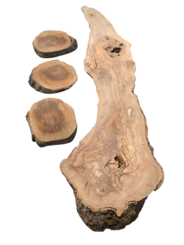 Kreatives Bastel- & Gestaltungset aus Olivenholz – Natürlich geformtes Brett & drei Baumscheiben 1229
