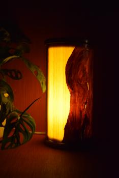 Stilvolle Olimba Tischlampe aus Olivenholz und Limbaholz, die warmes Licht spendet und vielseitig einsetzbar ist.