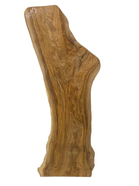 Olivenholz Bohle mit beeindruckender Maserung und natürlichem Rindenanteil, ideal für kreative Projekte.