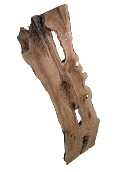 Uriges Olivenholzbrett mit natürlichem Rindenanteil und Löchern, ideal für kreative Epoxidharz-Projekte.