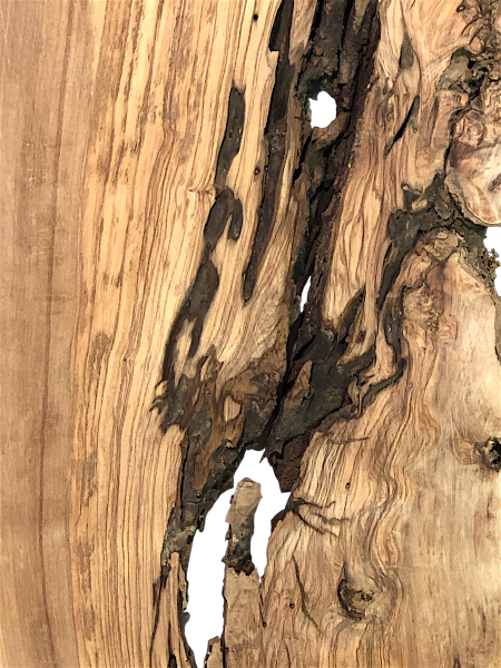 Wilde und urige Olivenholzplatte mit einzigartigem Charakter, perfekt für kreative Epoxidharz-Projekte und handwerkliche Anwendungen.