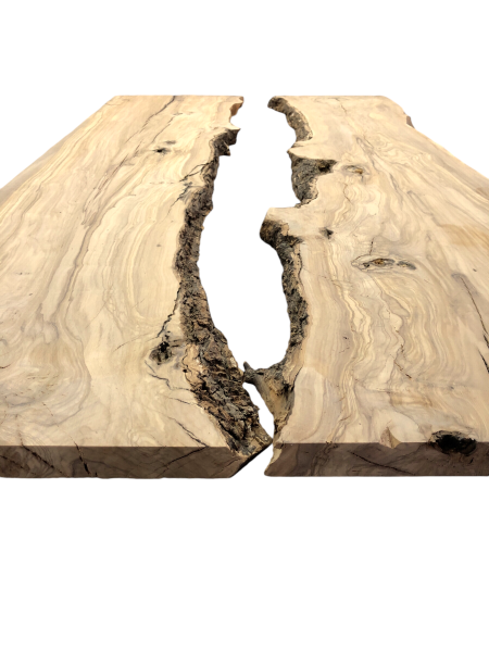 Fertiges Rivertable Set aus zwei charaktervollen Olivenholz Brettern, ideal für kreative Tischprojekte