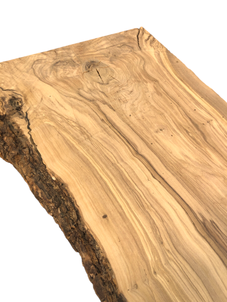 Fertiges Rivertable Set aus zwei charaktervollen Olivenholz Brettern, ideal für kreative Tischprojekte