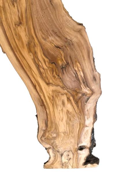 Charaktervolle, dicke Olivenholz Bohle mit wilder Maserung – ideal für kreative Projekte und individuelle Holzarbeiten.