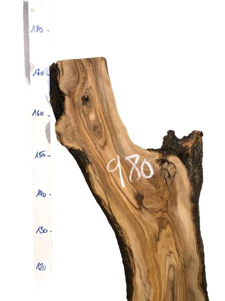 Charaktervolle, dicke Olivenholz Bohle mit wilder Maserung – ideal für kreative Projekte und individuelle Holzarbeiten.