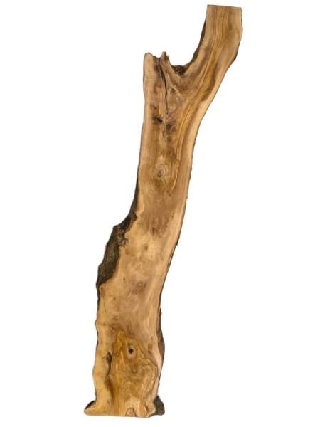 Charaktervolle, dicke Olivenholz Bohle mit wilder Maserung – ideal für kreative Projekte und individuelle Holzarbeiten.