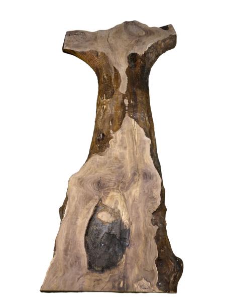 Uriges Olivenholzbrett mit natürlicher Gabelung und Rindenanteil. Die beeindruckende Maserung und Struktur machen es zum idealen Material für rustikale Projekte.