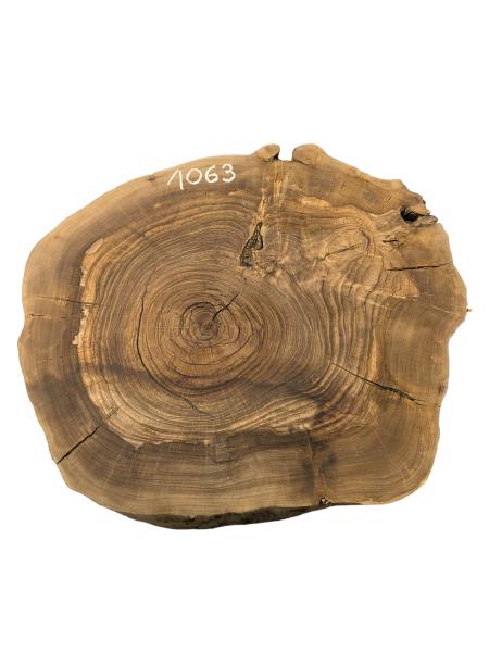 Kammergetrockneter Olivenholzquerschnitt, fast rund, ideal für individuelle Projekte mit dunklerer Farbgebung.