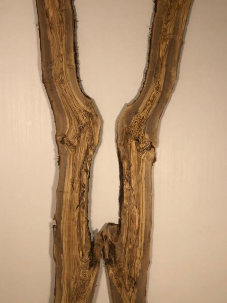 Zwei riesige Olivenholzbretter, perfekt für den Bau von Tischen oder Möbelstücken, mit natürlicher Maserung.