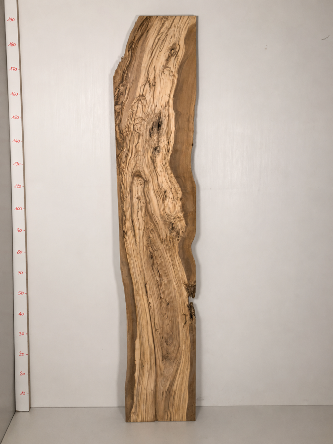 Großes zugeschnittenes Olivenholzbrett 187,5 x 23–34,7 x 3,1 cm – Trockenes Olivenholz Rohware besäumt & rechtwinklig - B625