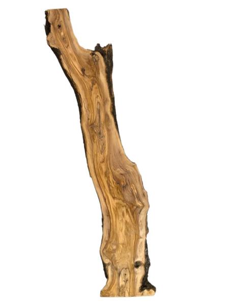 Charaktervolle, dicke Olivenholz Bohle mit wilder Maserung – ideal für kreative Projekte und individuelle Holzarbeiten.