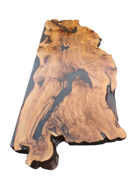 Einzigartiger Tisch mit gespiegeltem Olivenholz 210x70x5,5 cm eine selten schöne Handwerkskunst
