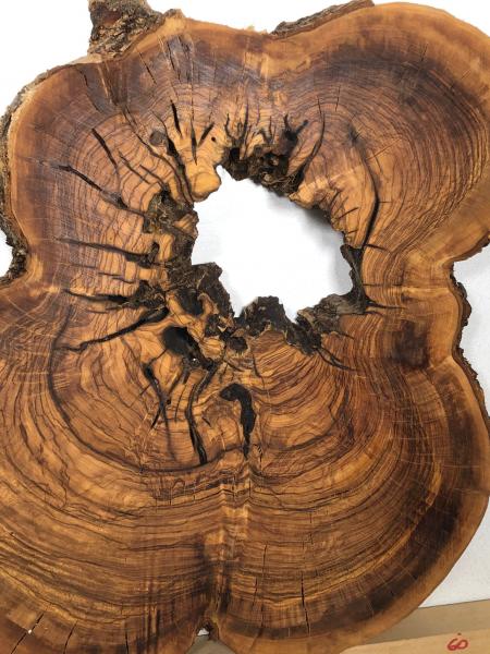 Wunderschöner Querschnitt eines Olivenbaumes mit natürlichem Loch, optimal für kreative Projekte und Epoxidharz-Anwendungen.