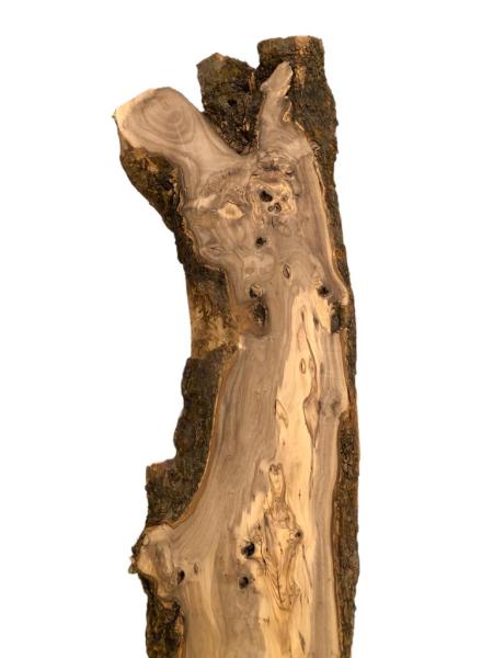 Uriges Olivenholzbrett mit wilder Maserung und natürlichem Rindenanteil – ideal für kreative Projekte.